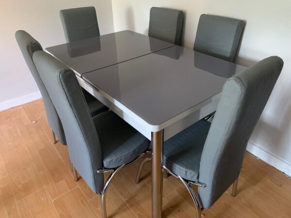 FULL GREY DINING TABLE AND CHAIR (GLASS)