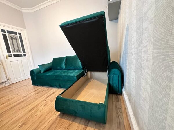 Berlin Green velvet corner sofa bed with double storage - Image 3