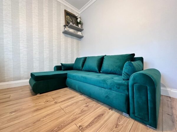 Berlin Green velvet corner sofa bed with double storage - Image 2