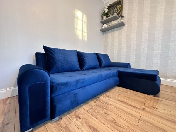 Berlin Blue velvet corner sofa bed with double storage