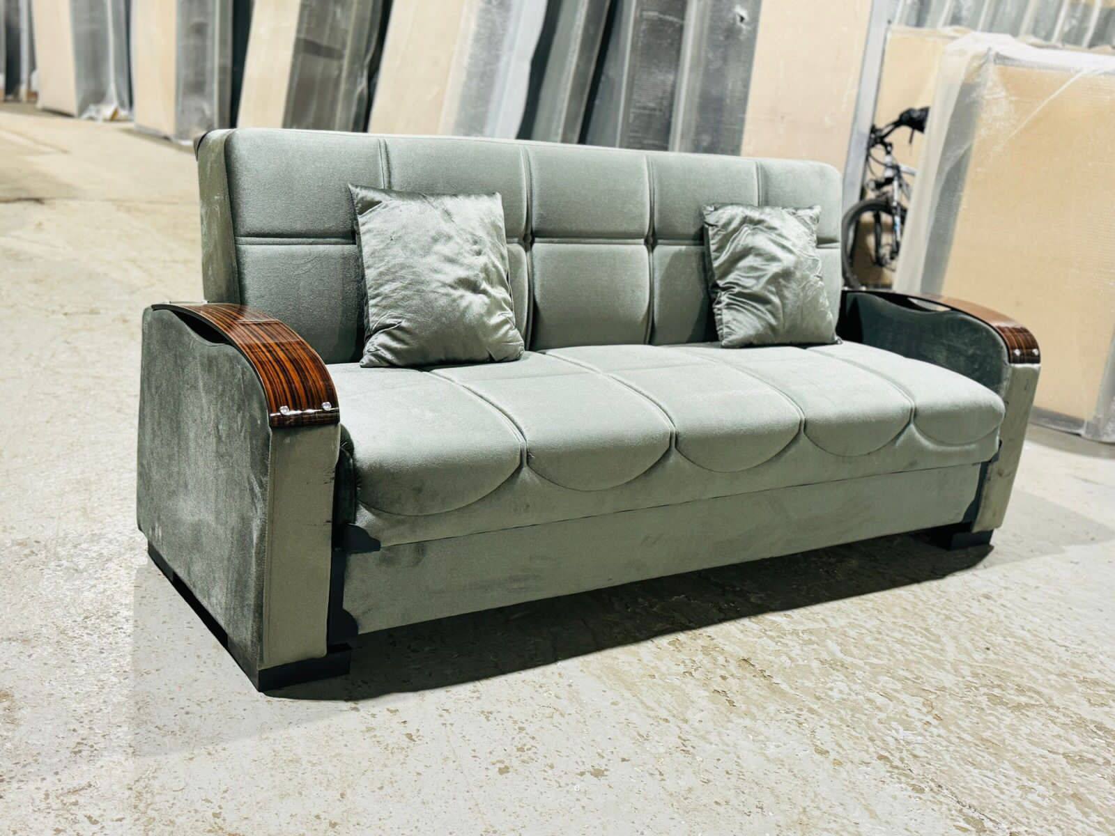 "Smart Comfort: Gray D-Arm 3-Seater Sofa Bed with Built-In Storage"