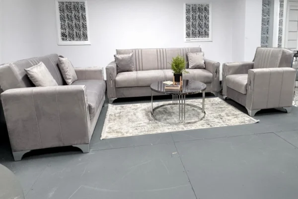 "Luxury Gray Silver Diamond 3-Seater Sofa Bed with Built-In Comfort"