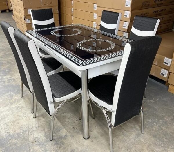 "Turkish Glass Black Dinning Table With 4/6 Chairs" - Image 2