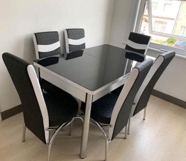 "TURKISH GLASS BLACK & WHITE DINING TABLE WITH 4/6 CHAIR"