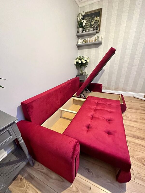 Berlin Red Velvet corner sofa bed with double storage - Image 3