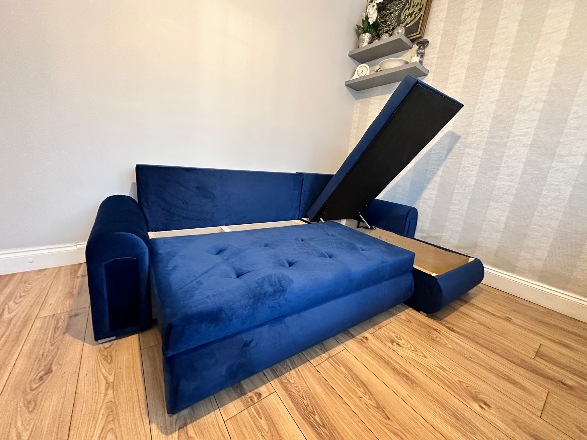 Berlin Blue velvet corner sofa bed with double storage